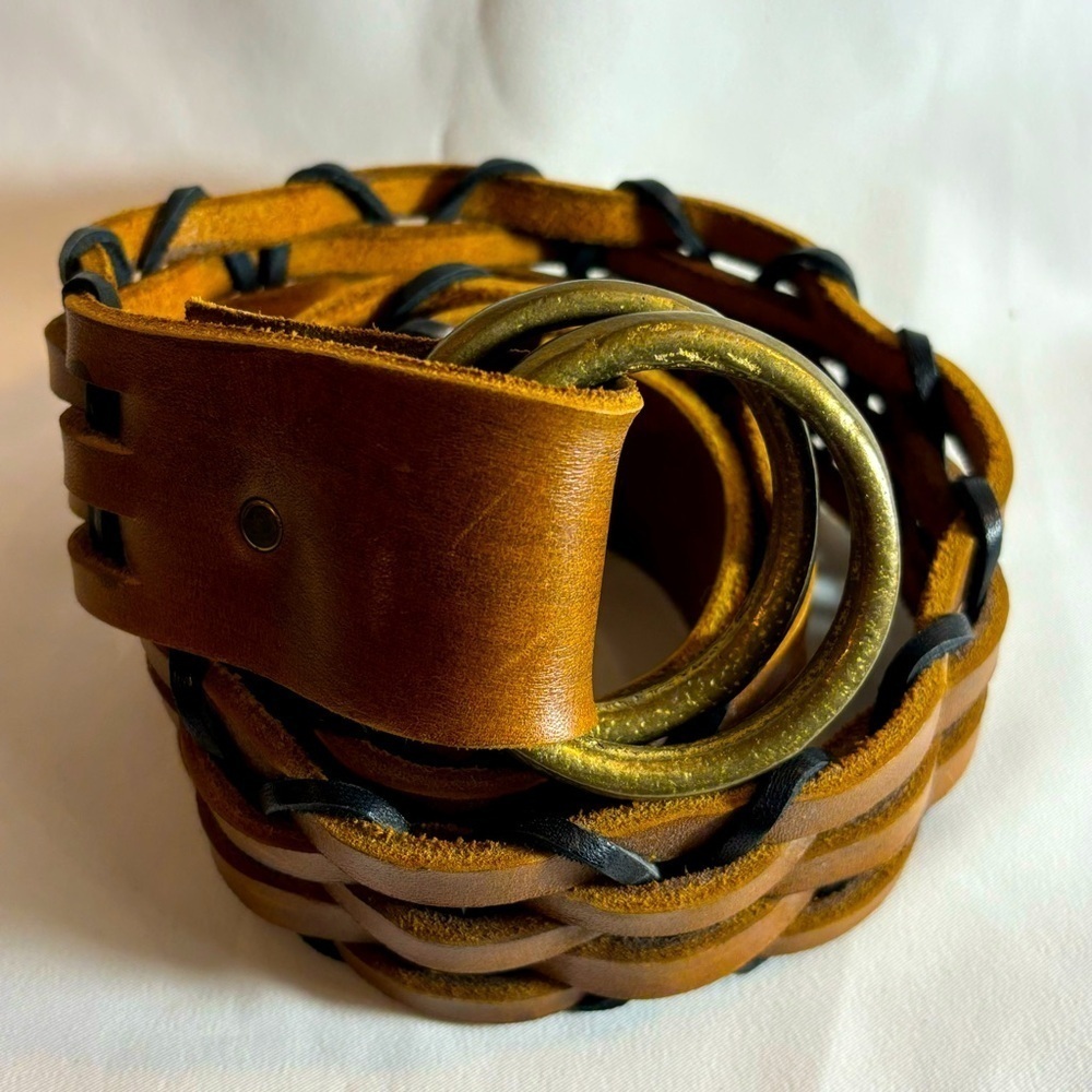 BELT Braided Basket Two Toned Thick Leather Double O-Ring Bohemian Style